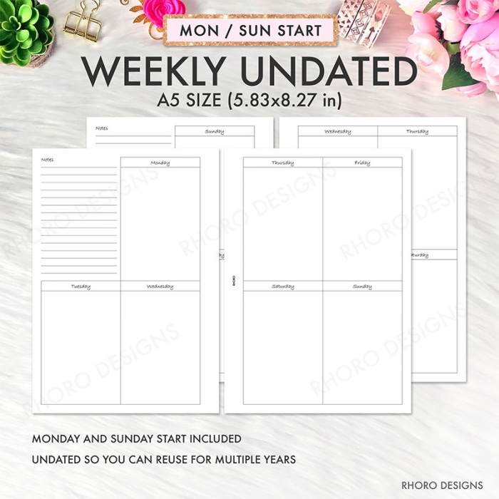 Weekly Undated WO2P A5 Planner Inserts Printable Refills PDF Template