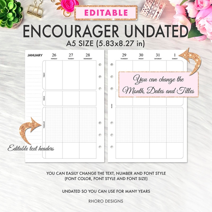 Editable Weekly Encourager Layout A5 Planner Inserts Printable Refills PDF Template