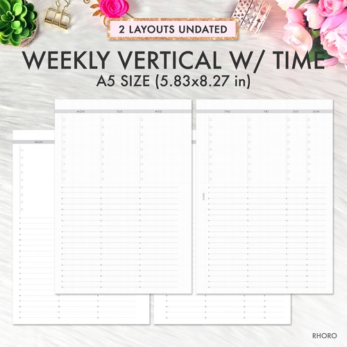 Weekly Vertical on 2 Pages Undated Grid Hourly Time A5 Planner Inserts Printable Refills PDF Template