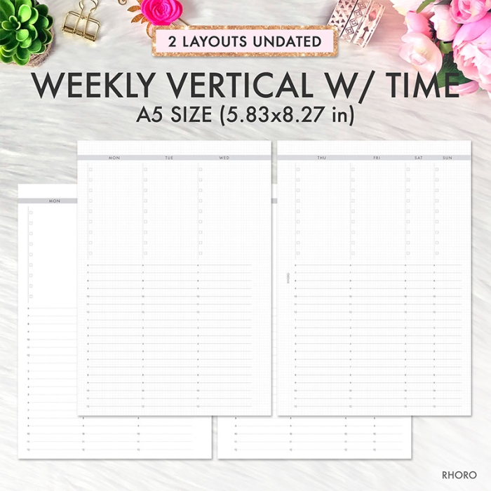 Weekly Vertical on 2 Pages Undated Grid Hourly Time A5 Planner Inserts Printable Refills PDF Template