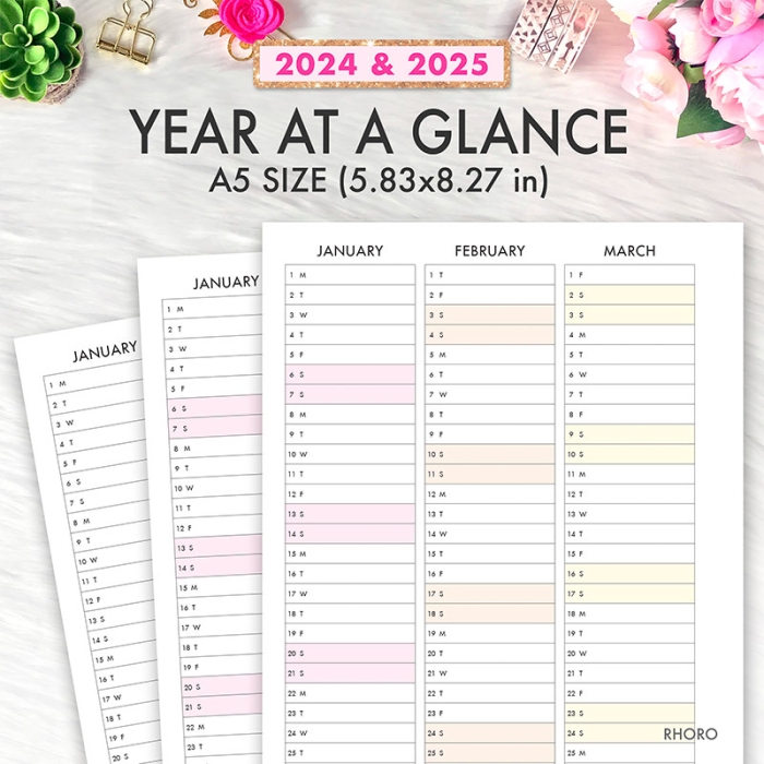 2024 2025 Year At A Glance A5 Planner Inserts Printable Refills PDF Template