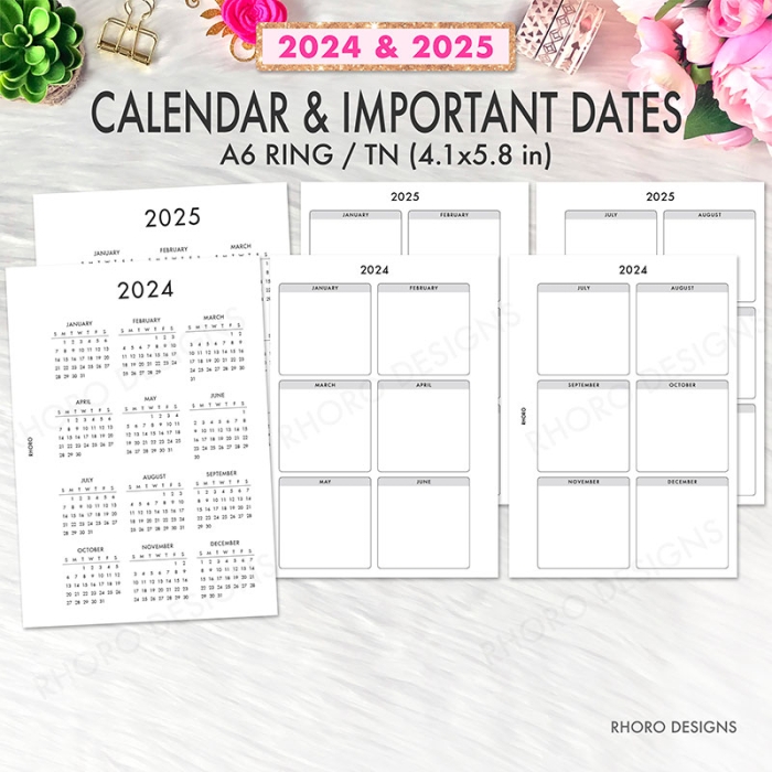 A6 2024 2025 Calendar Ring Planner Inserts Printable | A6 TN