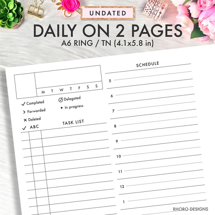 A6 Daily On 2 Pages DO2P Franklin Covey Ring Planner Inserts Printable | A6 TN