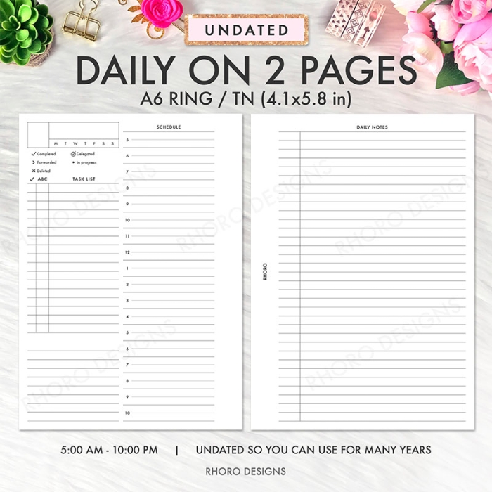 A6 Daily On 2 Pages DO2P Franklin Covey Ring Planner Inserts Printable | A6 TN - Image 2