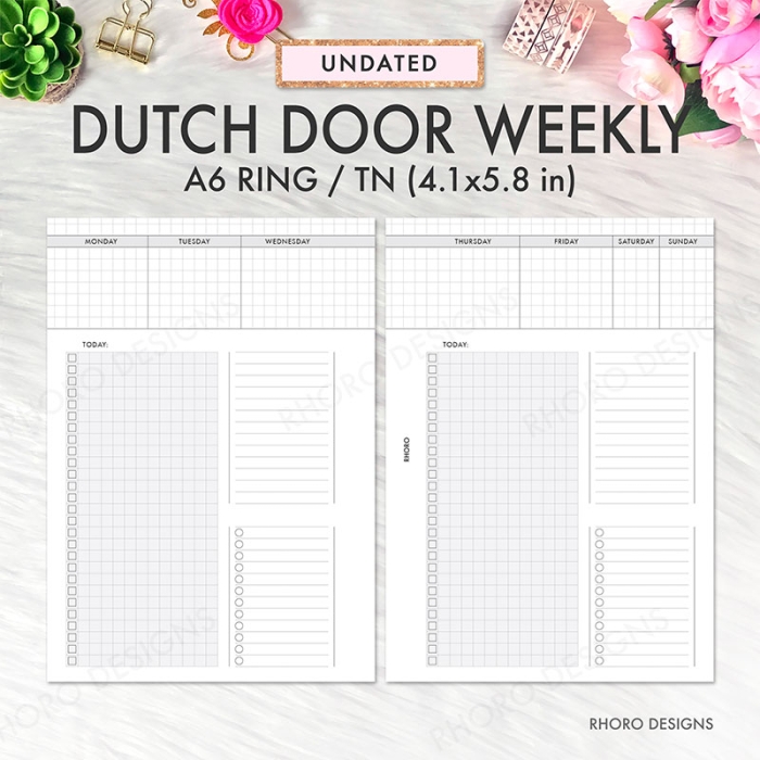 A6 Dutch Door Weekly Grid Undated Ring Planner Inserts Printable | A6 TN