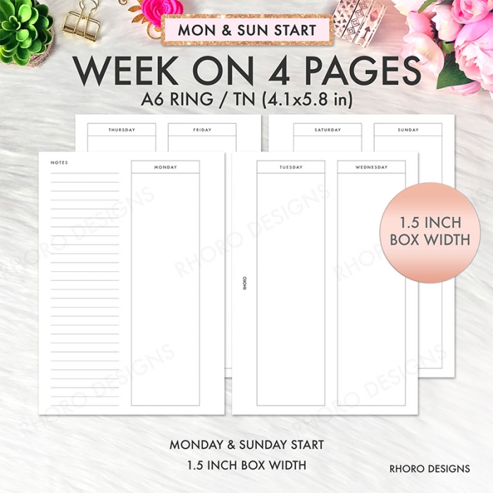 A6 Week On 4 Pages WO4P Undated 1.5 column Ring Planner Inserts Printable | A6 TN