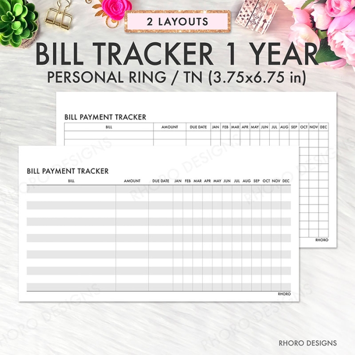 Billing Payment Tracker Log Personal Ring / TN Planner Inserts Printable