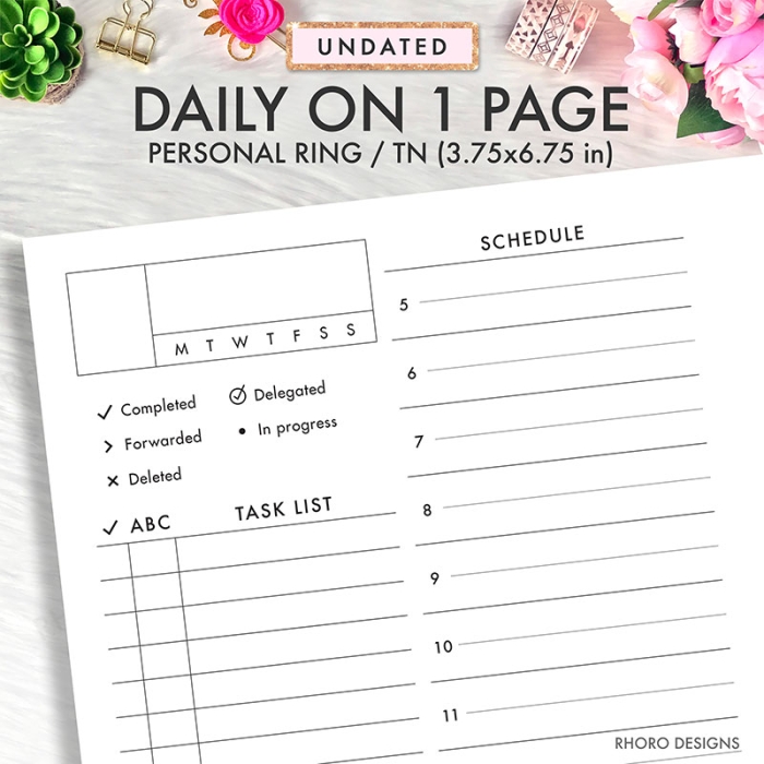 DO1P Daily on 1 Page Franklin Covey Personal Ring / TN Planner Inserts Printable