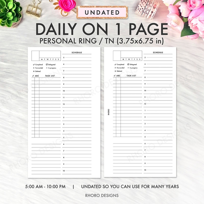 DO1P Daily on 1 Page Franklin Covey Personal Ring / TN Planner Inserts Printable - Image 2
