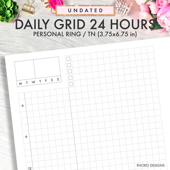 Daily Grid Hourly DO1P Personal Ring / TN Planner Inserts Printable - Image 2