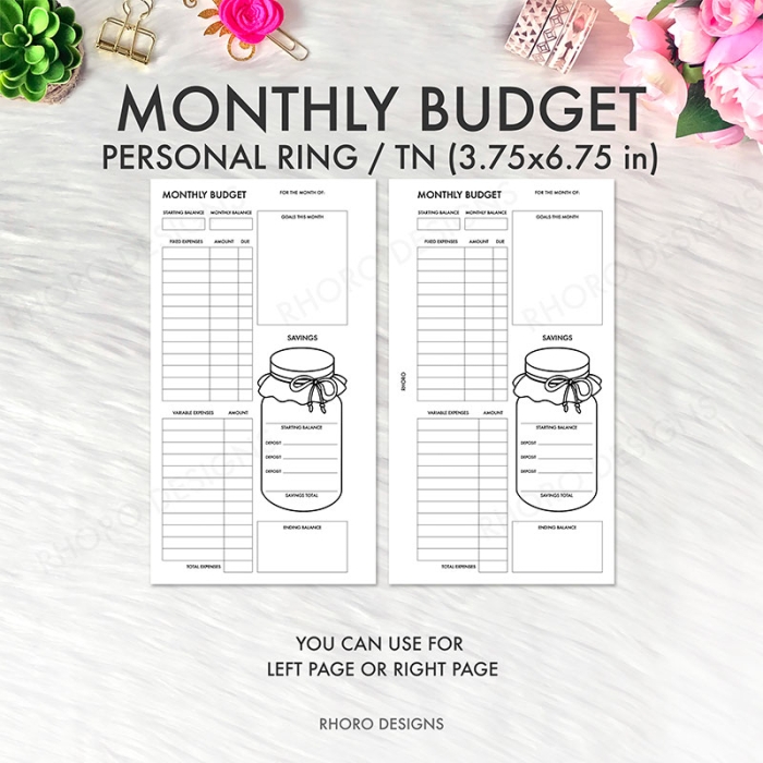 Monthly Budget Finance Tracker Log Personal Ring / TN Planner Inserts Printable