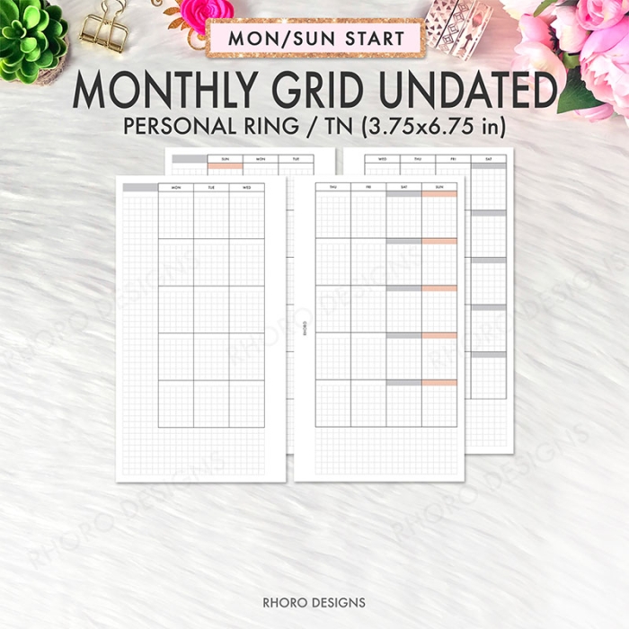 Monthly Grid Undated Hobonichi Style Personal Ring / TN Planner Inserts Printable