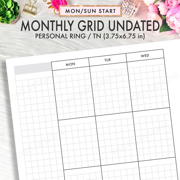 Monthly Grid Undated Hobonichi Style Personal Ring / TN Planner Inserts Printable - Image 2