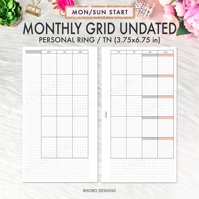 Monthly Grid Undated Hobonichi Style Personal Ring / TN Planner Inserts Printable - Image 3