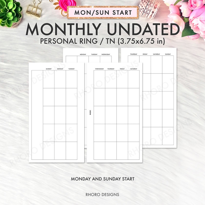 Monthly Calendar Undated MO2P Personal Ring / TN Planner Inserts Printable