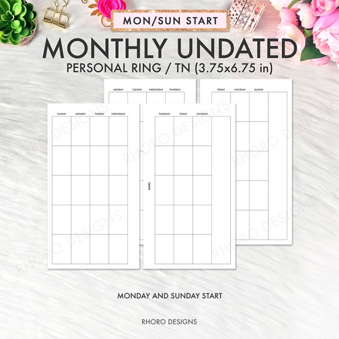 Monthly Calendar Undated MO2P Right Notes Personal Ring / TN Planner Inserts Printable