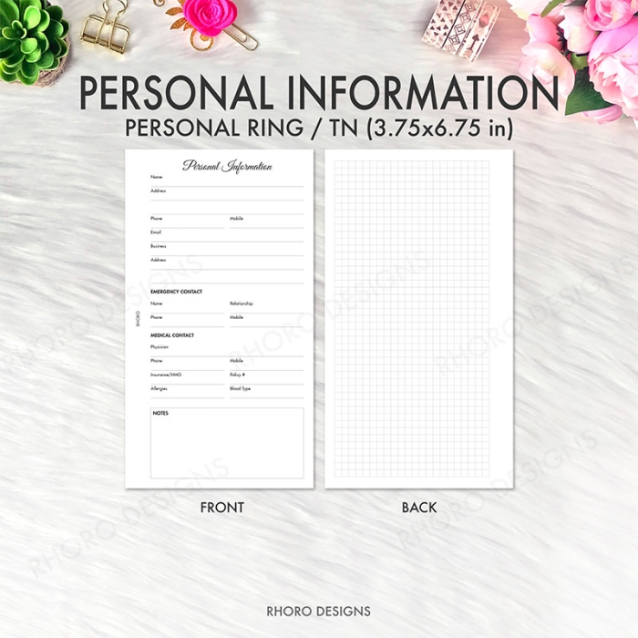 Personal Information, Emergency Contact Personal Ring / TN Planner Inserts Printable