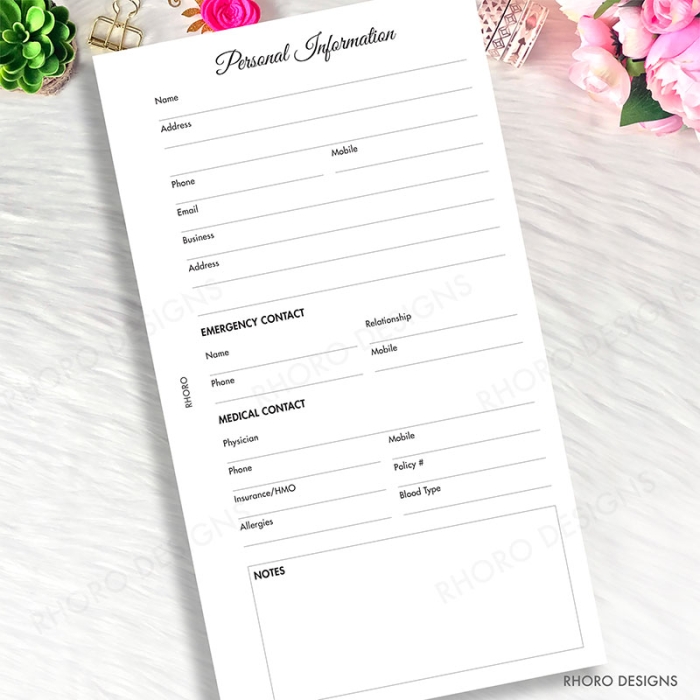 Personal Information, Emergency Contact Personal Ring / TN Planner Inserts Printable - Image 2