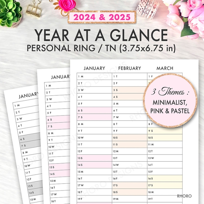 Year At A Glance 2024 2025 Personal Ring / TN Planner Inserts Printable